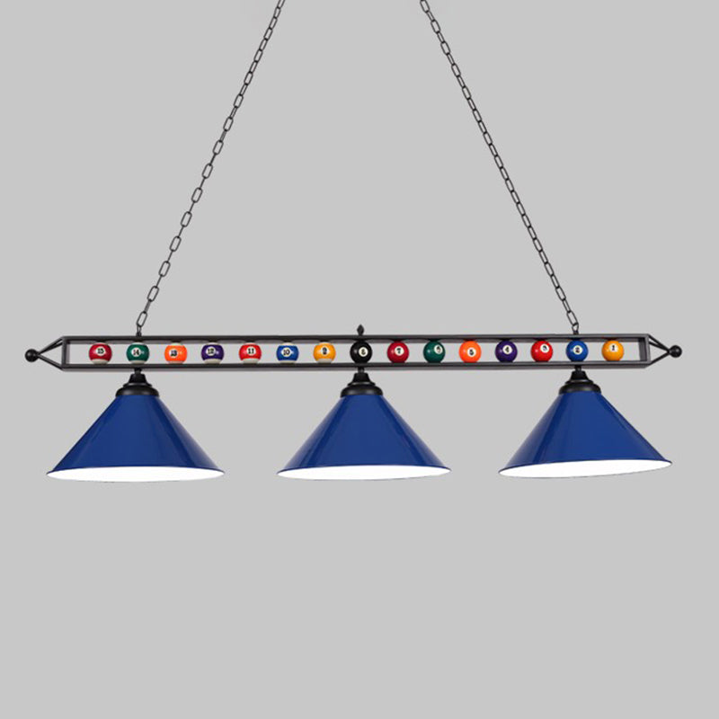 Iron Linear Island Ceiling Light Industrial Country Club Billiard Chandelier with Cone Shade 3 Blue Metal Frame Clearhalo 'Ceiling Lights' 'Island Lights' Lighting' 2466221