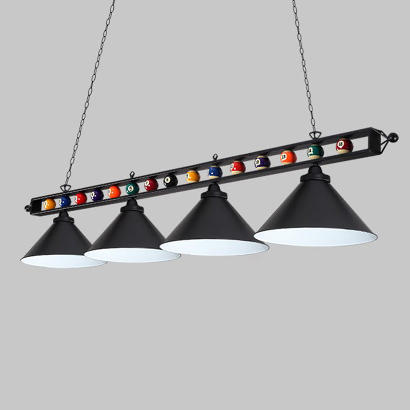 Iron Linear Island Ceiling Light Industrial Country Club Billiard Chandelier with Cone Shade 4 Black Metal Frame Clearhalo 'Ceiling Lights' 'Island Lights' Lighting' 2466224