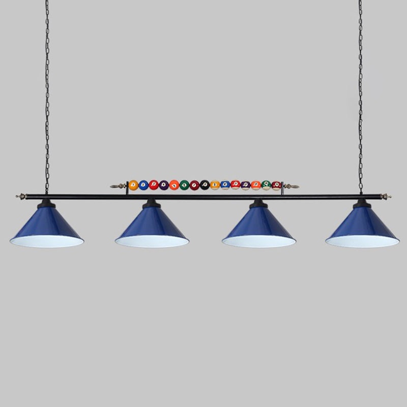 Iron Linear Island Ceiling Light Industrial Country Club Billiard Chandelier with Cone Shade 4 Blue Straight Clearhalo 'Ceiling Lights' 'Island Lights' Lighting' 2466226