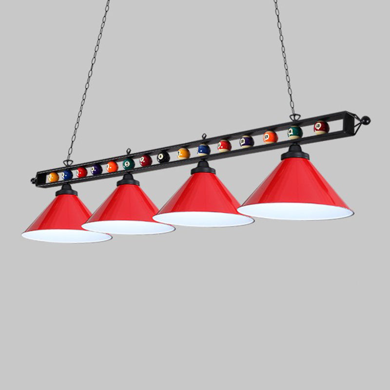 Iron Linear Island Ceiling Light Industrial Country Club Billiard Chandelier with Cone Shade 4 Red Metal Frame Clearhalo 'Ceiling Lights' 'Island Lights' Lighting' 2466227