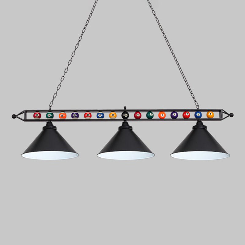 Iron Linear Island Ceiling Light Industrial Country Club Billiard Chandelier with Cone Shade 3 Black Metal Frame Clearhalo 'Ceiling Lights' 'Island Lights' Lighting' 2466233