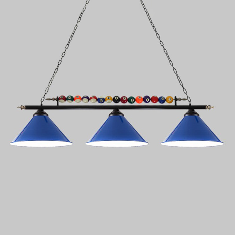 Iron Linear Island Ceiling Light Industrial Country Club Billiard Chandelier with Cone Shade 3 Blue Straight Clearhalo 'Ceiling Lights' 'Island Lights' Lighting' 2466235