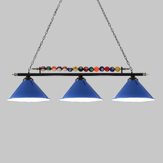 Iron Linear Island Ceiling Light Industrial Country Club Billiard Chandelier with Cone Shade 3 Blue Straight Clearhalo 'Ceiling Lights' 'Island Lights' Lighting' 2466235