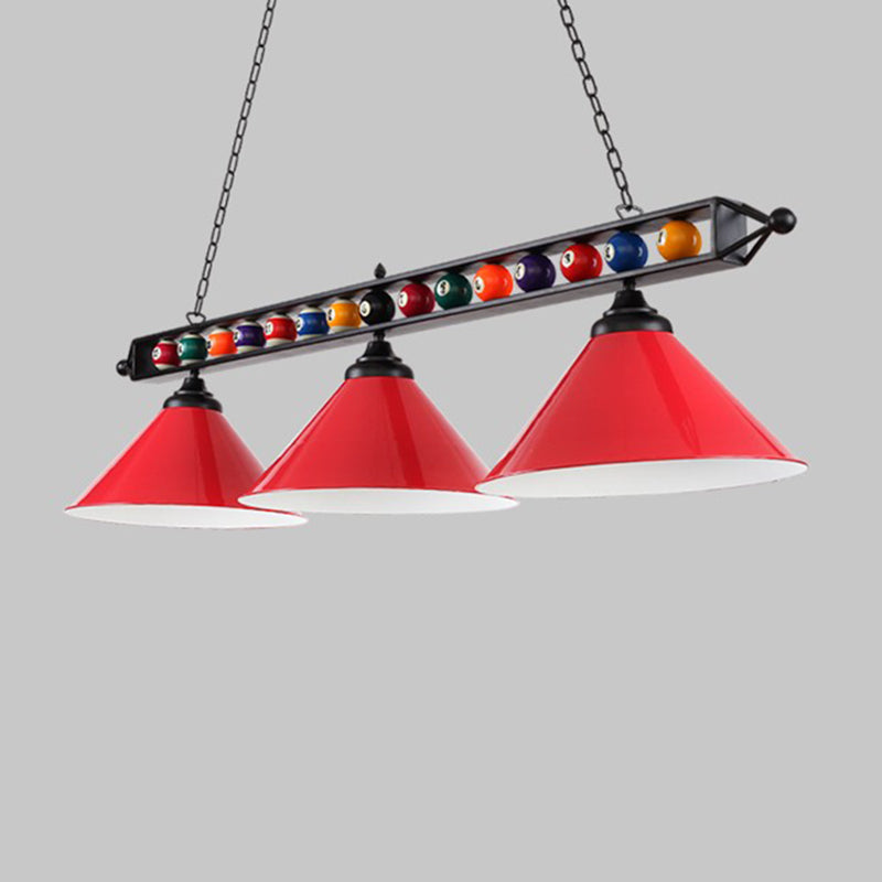 Iron Linear Island Ceiling Light Industrial Country Club Billiard Chandelier with Cone Shade 3 Red Metal Frame Clearhalo 'Ceiling Lights' 'Island Lights' Lighting' 2466238