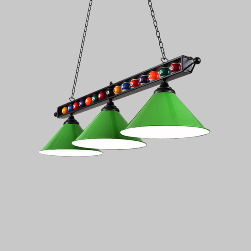 Iron Linear Island Ceiling Light Industrial Country Club Billiard Chandelier with Cone Shade 3 Green Metal Frame Clearhalo 'Ceiling Lights' 'Island Lights' Lighting' 2466242