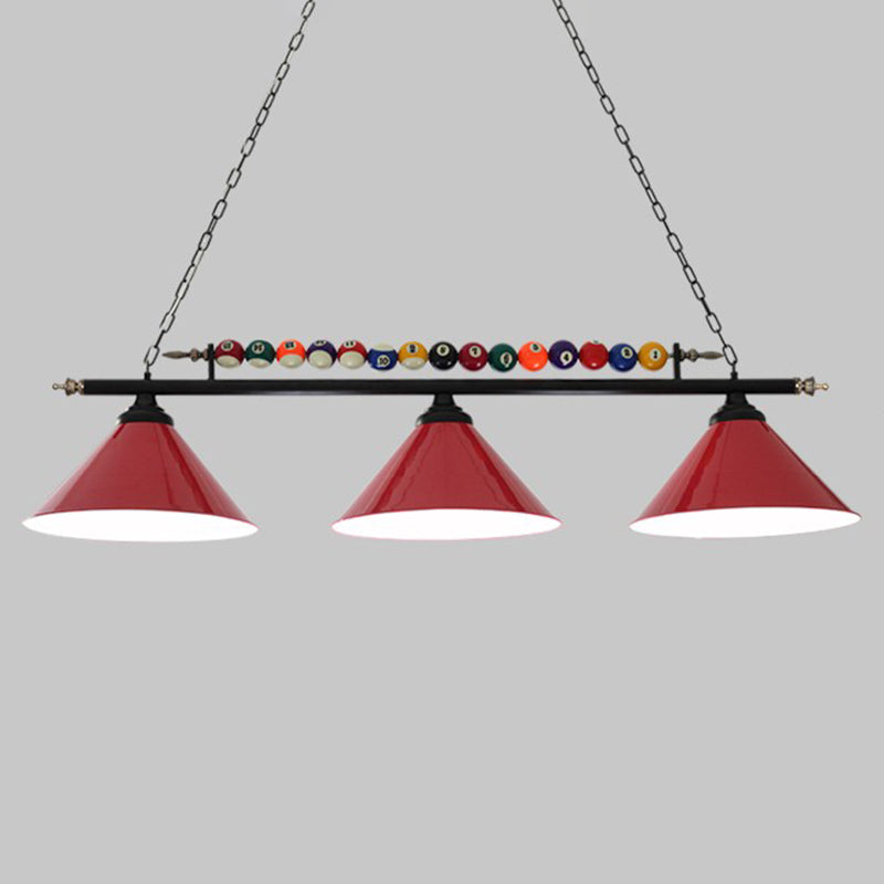 Iron Linear Island Ceiling Light Industrial Country Club Billiard Chandelier with Cone Shade 3 Red Straight Clearhalo 'Ceiling Lights' 'Island Lights' Lighting' 2466243