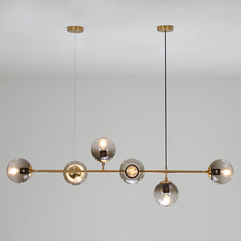 6 Bulbs Dining Room Island Lighting Postmodern Gold Finish Drop Pendant with Ball Glass Shade Smoke Gray Clearhalo 'Ceiling Lights' 'Glass shade' 'Glass' 'Island Lights' 'Pendant Lights' Lighting' 2466267