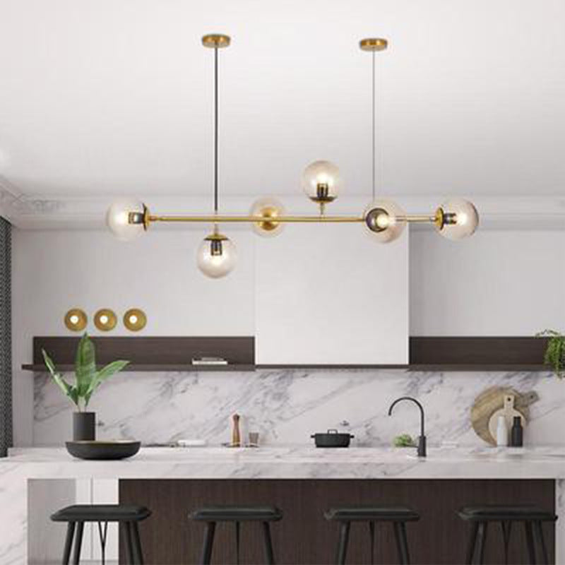 6 Bulbs Dining Room Island Lighting Postmodern Gold Finish Drop Pendant with Ball Glass Shade Clear Clearhalo 'Ceiling Lights' 'Glass shade' 'Glass' 'Island Lights' 'Pendant Lights' Lighting' 2466268