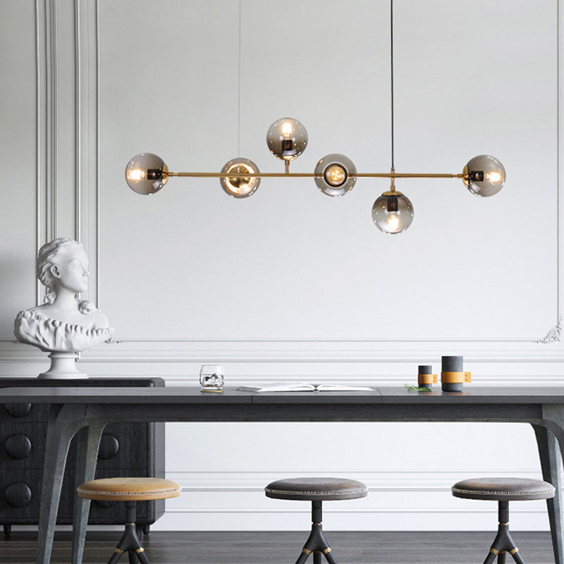 6 Bulbs Dining Room Island Lighting Postmodern Gold Finish Drop Pendant with Ball Glass Shade Clearhalo 'Ceiling Lights' 'Glass shade' 'Glass' 'Island Lights' 'Pendant Lights' Lighting' 2466270