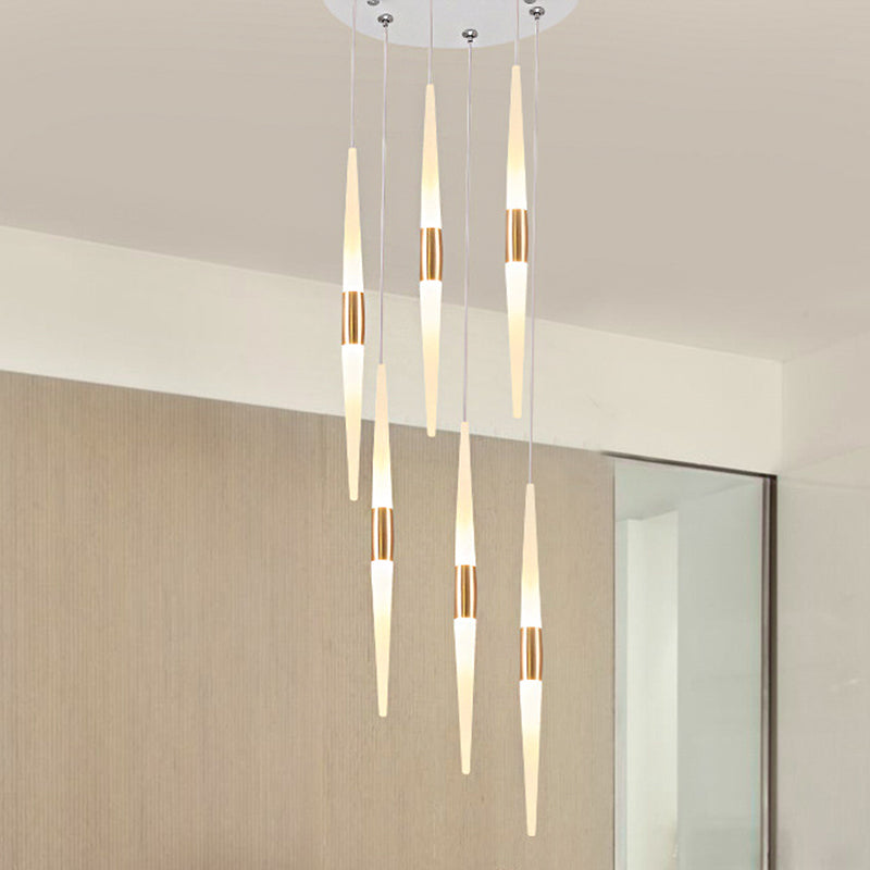 Acrylic Flute Cluster Pendant Light Modernist 5/6 Lights White Ceiling Hanging Lamp Fixture with Round/Linear Canopy in White/Warm Light 6 White Clearhalo 'Ceiling Lights' 'Modern Pendants' 'Modern' 'Pendant Lights' 'Pendants' Lighting' 246631