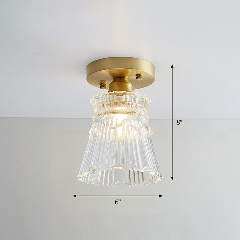 Industrial Small Ceiling Light Fixture 1-Light Textured Glass Semi Flush Mount in Brass for Aisle Clearhalo 'Ceiling Lights' 'Close To Ceiling Lights' 'Close to ceiling' 'Semi-flushmount' Lighting' 2466333