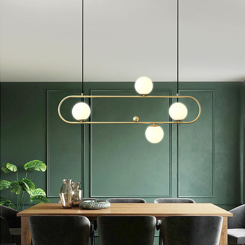 Metal Oblong Island Light Fixture Minimalist Suspension Lighting with Ball Milk Glass Shade 4 Gold Clearhalo 'Ceiling Lights' 'Island Lights' Lighting' 2466727