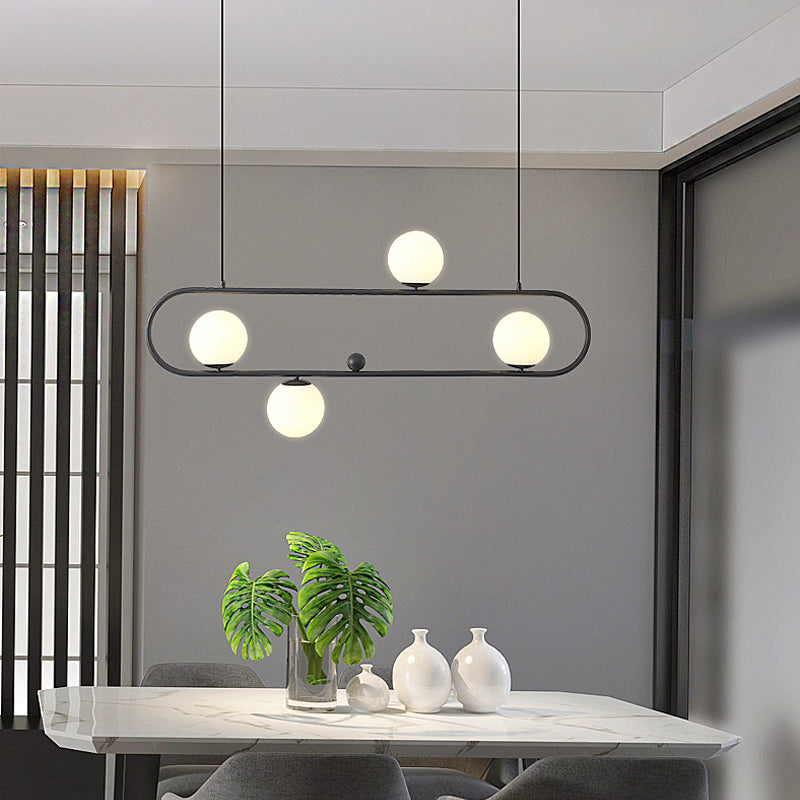 Metal Oblong Island Light Fixture Minimalist Suspension Lighting with Ball Milk Glass Shade 4 Black Clearhalo 'Ceiling Lights' 'Island Lights' Lighting' 2466729