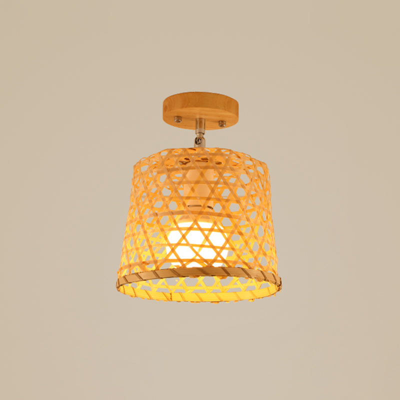 Cage Style Aisle Semi Flush Light Bamboo Single-Bulb Asian Ceiling Mounted Light in Wood Wood Birdcage Clearhalo 'Ceiling Lights' 'Close To Ceiling Lights' 'Close to ceiling' 'Semi-flushmount' Lighting' 2466879