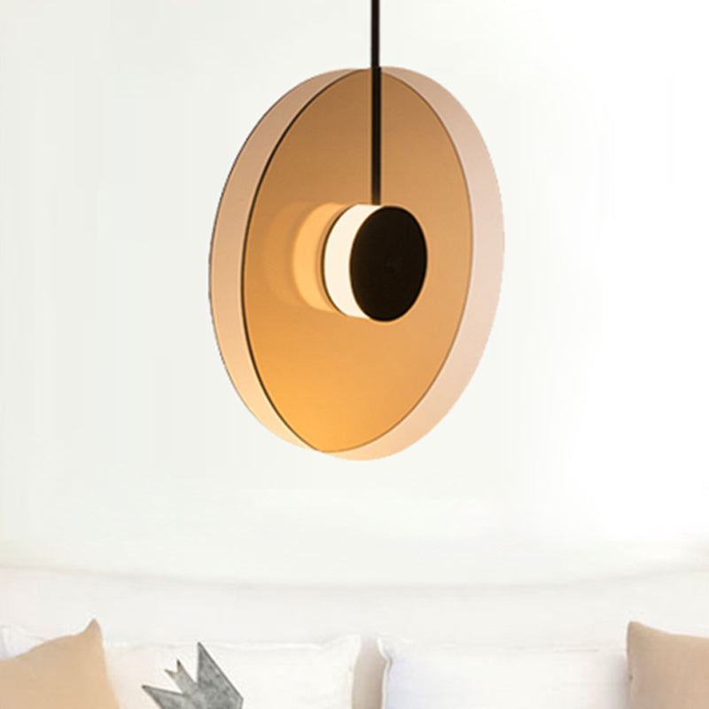 Amber Glass Disc Pendant Lighting with Horizontal/Vertical Design Modern 1 Light Led Hanging Lamp Fixture Clearhalo 'Ceiling Lights' 'Glass shade' 'Glass' 'Modern Pendants' 'Modern' 'Pendant Lights' 'Pendants' Lighting' 246693