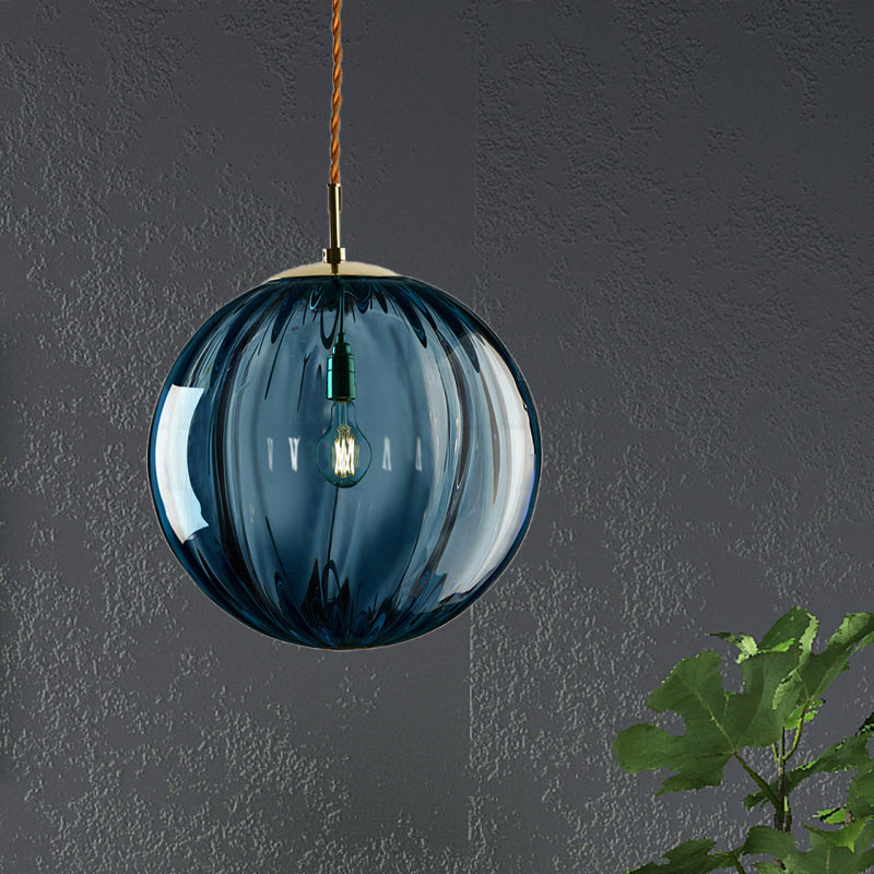 Sphere Pendant Lighting Modern Blue/Purple/Smoky Ribbed Glass 1 Light Led Hanging Ceiling Lamp for Bedroom Blue Clearhalo 'Ceiling Lights' 'Glass shade' 'Glass' 'Modern Pendants' 'Modern' 'Pendant Lights' 'Pendants' Lighting' 246694