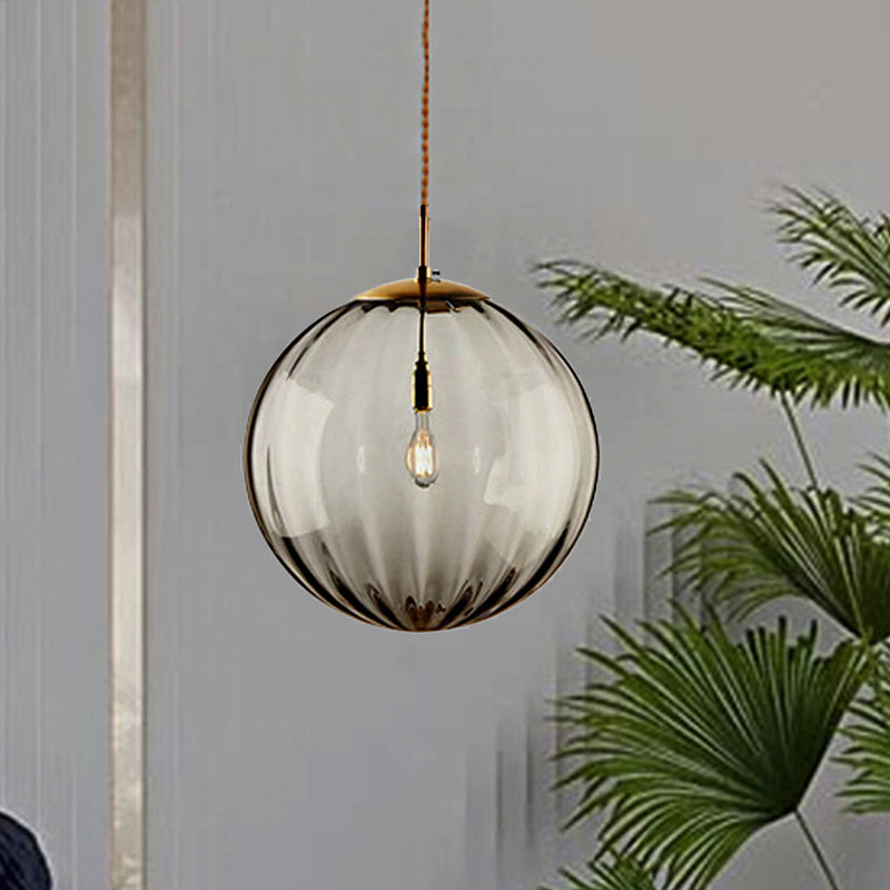 Sphere Pendant Lighting Modern Blue/Purple/Smoky Ribbed Glass 1 Light Led Hanging Ceiling Lamp for Bedroom Smoke Gray Clearhalo 'Ceiling Lights' 'Glass shade' 'Glass' 'Modern Pendants' 'Modern' 'Pendant Lights' 'Pendants' Lighting' 246697