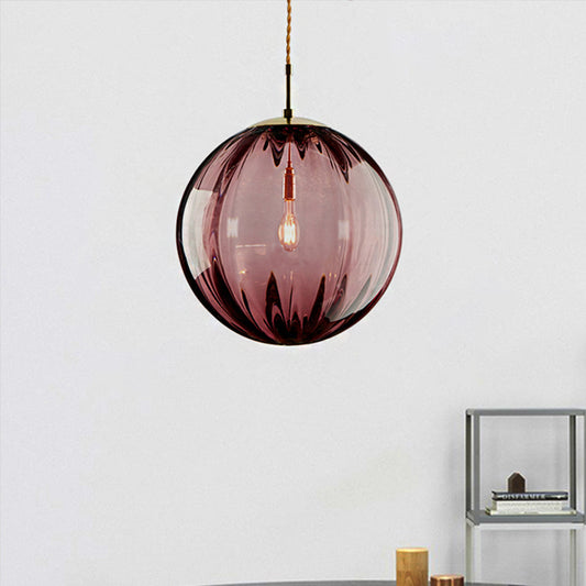 Sphere Pendant Lighting Modern Blue/Purple/Smoky Ribbed Glass 1 Light Led Hanging Ceiling Lamp for Bedroom Clearhalo 'Ceiling Lights' 'Glass shade' 'Glass' 'Modern Pendants' 'Modern' 'Pendant Lights' 'Pendants' Lighting' 246700