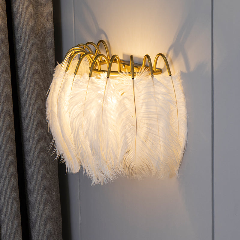 2 Lights Modern Metal Wall Sconce Feather Shade Wall Lighting for Bedroom Clearhalo 'Apliques' 'Iluminación' 'Lámpara de Pared' 'Modern wall lights' 'Modern' Hogar' 2467116