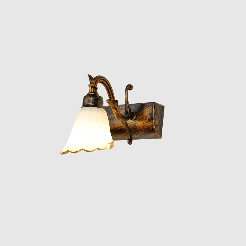 Vanity Lighting Country Flower Shade White Rid Glass Wall Lamp Fixture in Bronze 1.0 Bronze Clearhalo 'Vanity Lights' 'Wall Lights' Lighting' 2467241