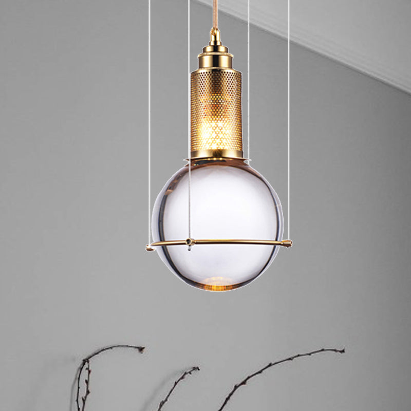 Modern Ball Pendant Lamp Clear Crystal 1 Light LED Bedroom Hanging Lamp with Gold Mesh Cage in Warm/White Light Clearhalo 'Ceiling Lights' 'Glass shade' 'Glass' 'Modern Pendants' 'Modern' 'Pendant Lights' 'Pendants' Lighting' 246726