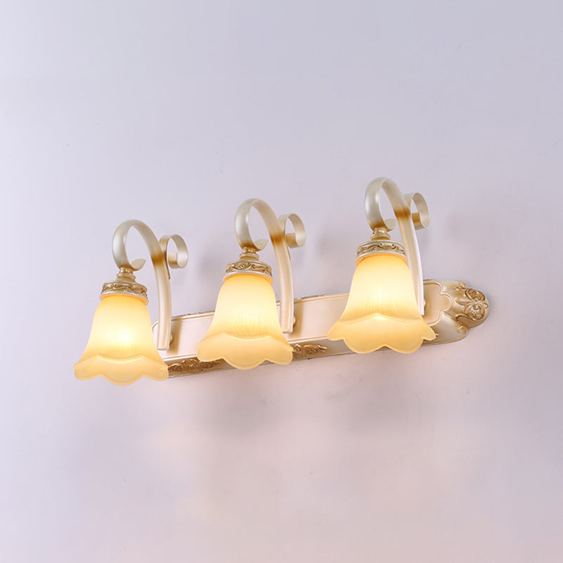 Flower Bathroom Vanity Sconce Light Country Style Carved Glass Wall Lighting Fixture 3.0 Light Yellow Clearhalo 'Vanity Lights' 'Wall Lights' Lighting' 2467350