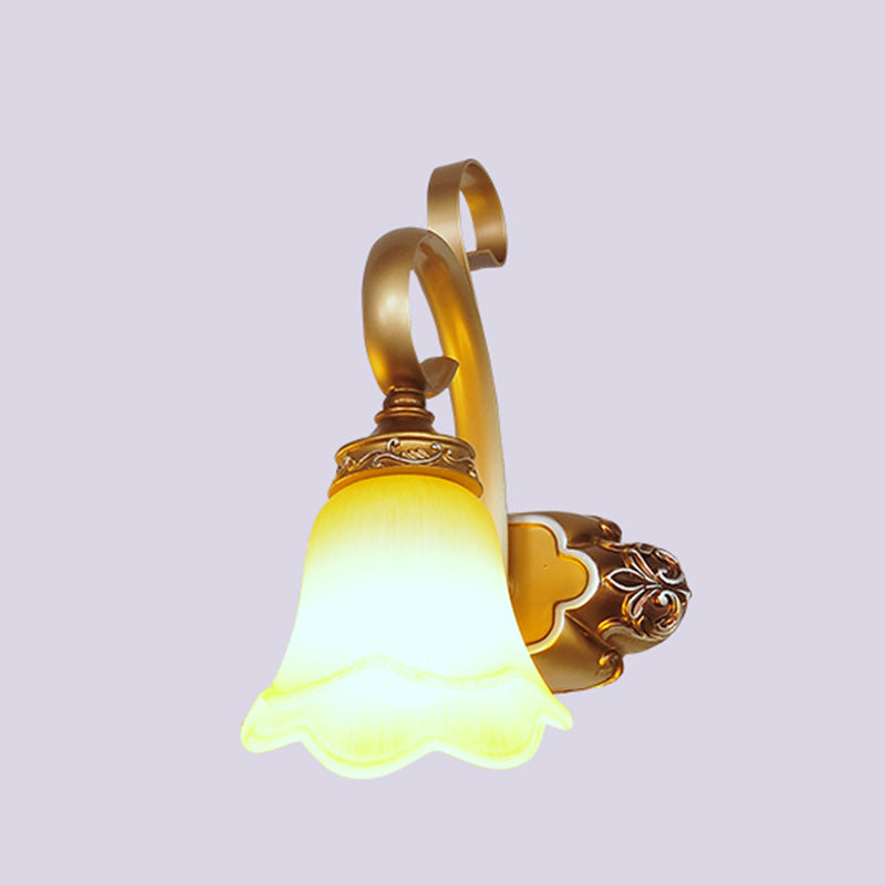 Flower Bathroom Vanity Sconce Light Country Style Carved Glass Wall Lighting Fixture 1.0 Dark Yellow Clearhalo 'Vanity Lights' 'Wall Lights' Lighting' 2467357