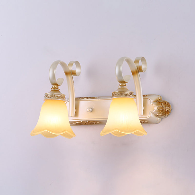 Flower Bathroom Vanity Sconce Light Country Style Carved Glass Wall Lighting Fixture 2.0 Light Yellow Clearhalo 'Vanity Lights' 'Wall Lights' Lighting' 2467359