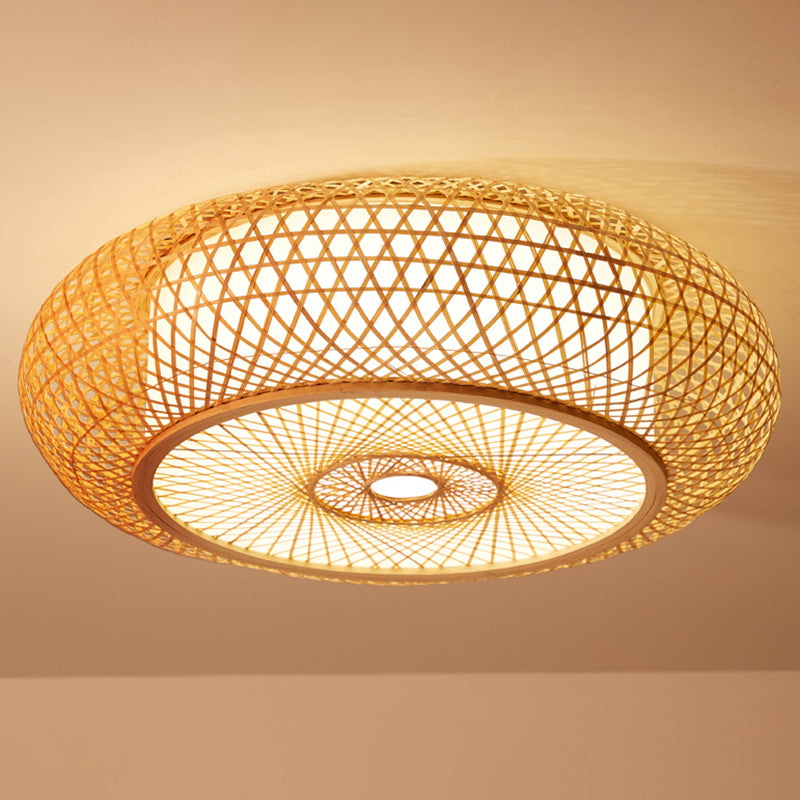 Criss-Cross Woven Bamboo Ceiling Lamp Asian 1-Bulb Wood Flush Mount Light Fixture for Bedroom Clearhalo 'Ceiling Lights' 'Close To Ceiling Lights' 'Close to ceiling' Lighting' 2467467