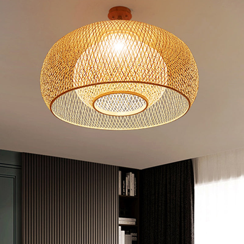 Criss-Cross Woven Bamboo Ceiling Lamp Asian 1-Bulb Wood Flush Mount Light Fixture for Bedroom Clearhalo 'Ceiling Lights' 'Close To Ceiling Lights' 'Close to ceiling' Lighting' 2467469