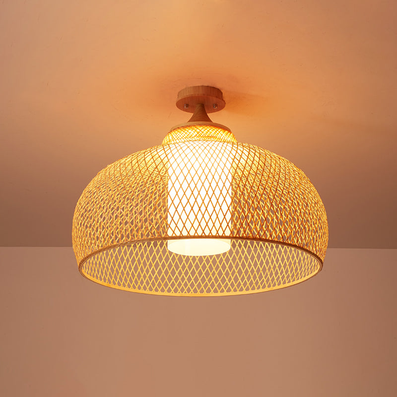 Criss-Cross Woven Bamboo Ceiling Lamp Asian 1-Bulb Wood Flush Mount Light Fixture for Bedroom Clearhalo 'Ceiling Lights' 'Close To Ceiling Lights' 'Close to ceiling' Lighting' 2467472