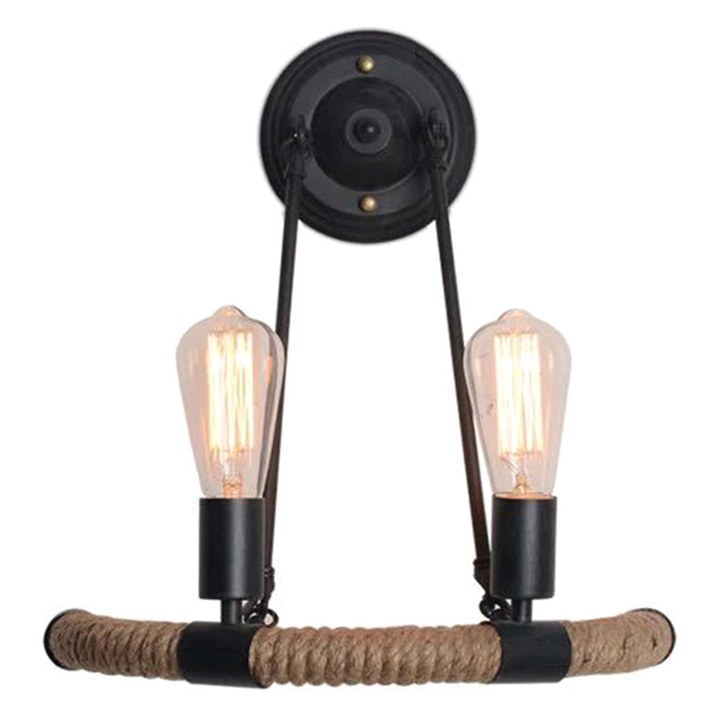 2-Head Arc Sconce Lamp Industrial Black Hemp Rope Wall Lighting Fixture for Restaurant Black Clearhalo 'Industrial wall lights' 'Industrial' 'Middle century wall lights' 'Tiffany' 'Wall Lamps & Sconces' 'Wall Lights' Lighting' 2467485