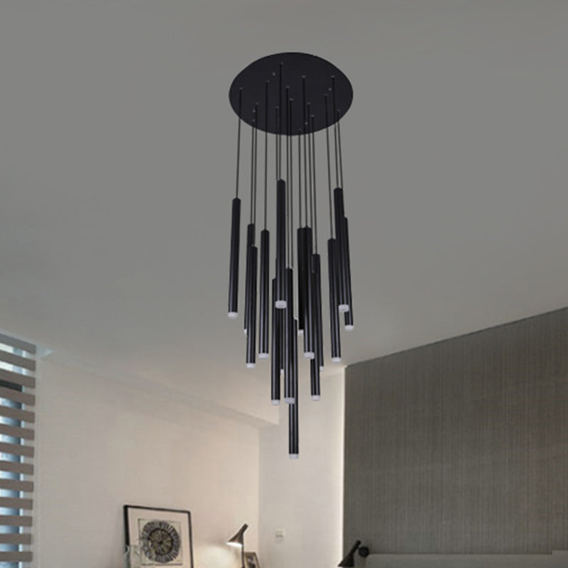 Black Pipe Pendant Lighting Modern 5/16 Lights Metal Cluster Pendant Light with Linear/Round/Rectangle Canopy in Warm/White Black Round Clearhalo 'Ceiling Lights' 'Modern Pendants' 'Modern' 'Pendant Lights' 'Pendants' Lighting' 246783