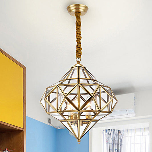 Clear Glass Geometrical Chandelier Lamp Retro 3 Bulbs Brass Pendant Lighting Fixture for Bedroom Brass Clearhalo 'Ceiling Lights' 'Chandeliers' 'Glass shade' 'Glass' Lighting' 246792