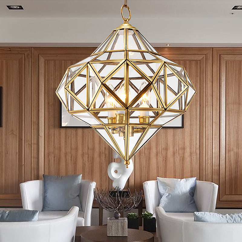 Clear Glass Geometrical Chandelier Lamp Retro 3 Bulbs Brass Pendant Lighting Fixture for Bedroom Clearhalo 'Ceiling Lights' 'Chandeliers' 'Glass shade' 'Glass' Lighting' 246793