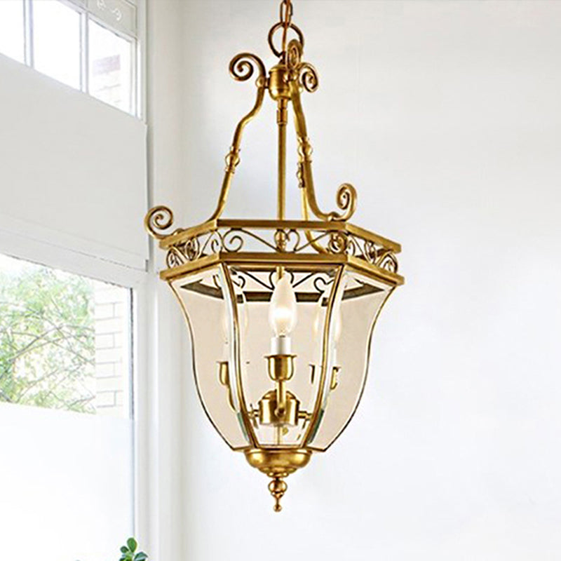 Brass Tapered Chandelier Lamp Retro 3 Heads Clear Glass Ceiling Pendant Light for Balcony Brass Clearhalo 'Ceiling Lights' 'Chandeliers' 'Glass shade' 'Glass' Lighting' 246796