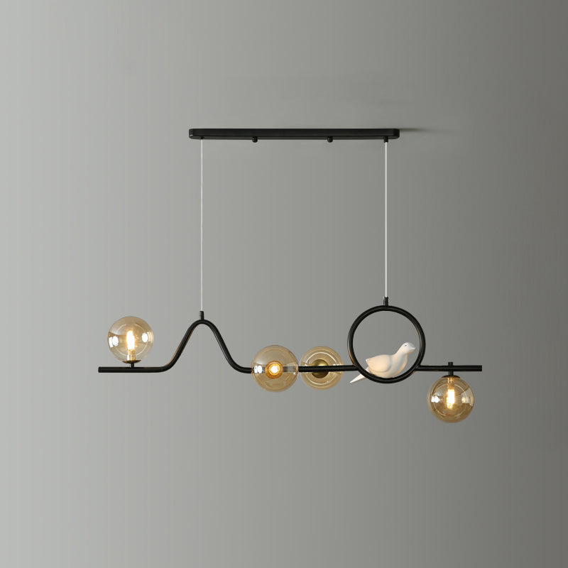 Postmodern Curve Island Ceiling Light Metallic Dining Room Pendant Lamp with Ball Glass Shade 4 Black Amber Clearhalo 'Ceiling Lights' 'Island Lights' Lighting' 2467985