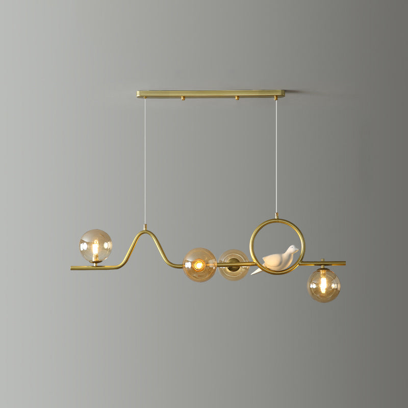 Postmodern Curve Island Ceiling Light Metallic Dining Room Pendant Lamp with Ball Glass Shade 4 Gold Amber Clearhalo 'Ceiling Lights' 'Island Lights' Lighting' 2467992