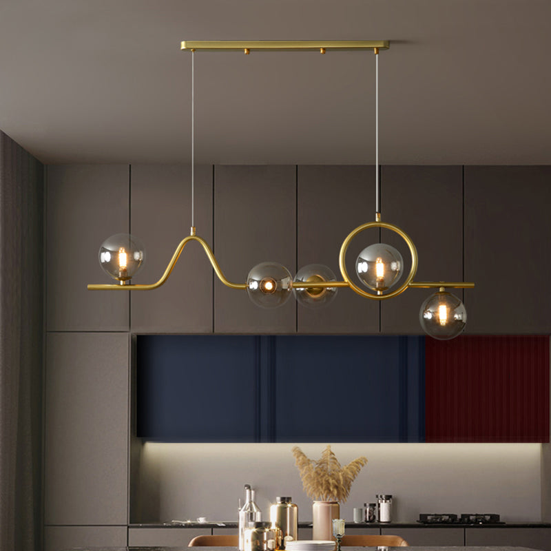 Postmodern Curve Island Ceiling Light Metallic Dining Room Pendant Lamp with Ball Glass Shade Clearhalo 'Ceiling Lights' 'Island Lights' Lighting' 2467993