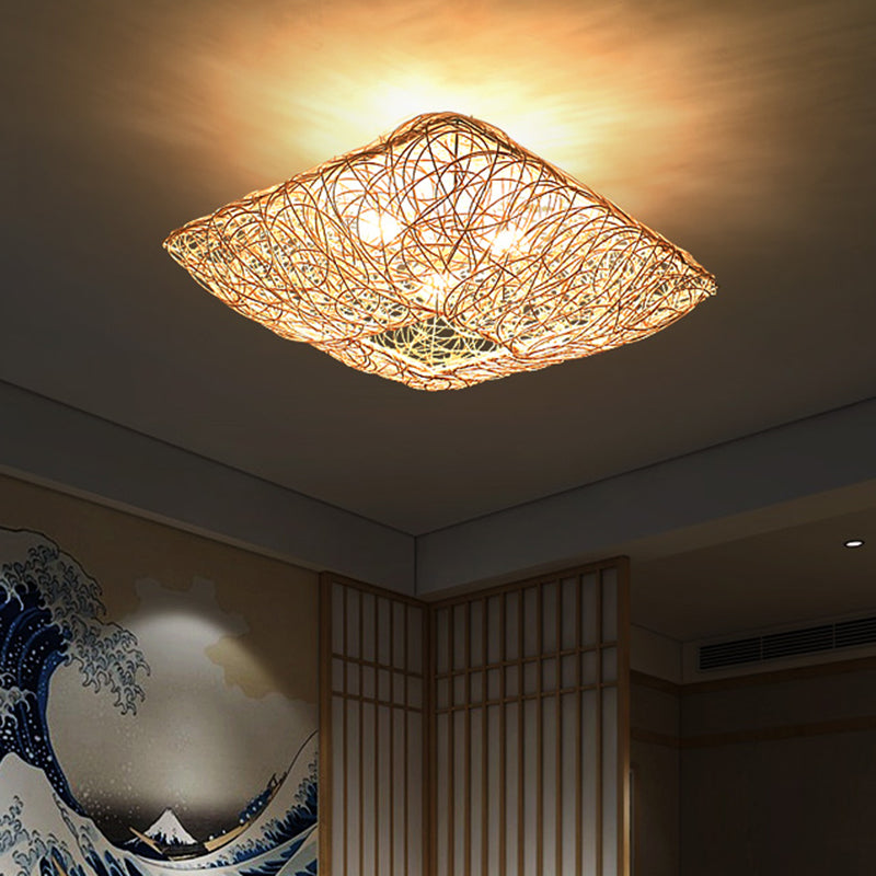 Rattan Square Ceiling Flush Mount Light Minimalist 3-Light Wood Flush Light for Bedroom Clearhalo 'Ceiling Lights' 'Close To Ceiling Lights' 'Close to ceiling' 'Flush mount' Lighting' 2468013