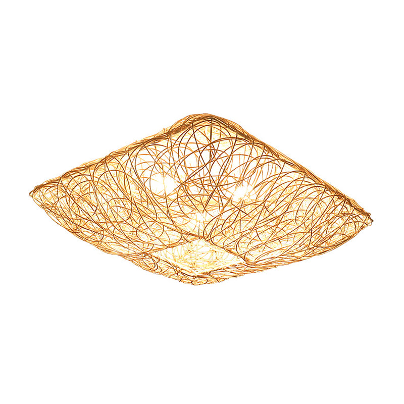 Rattan Square Ceiling Flush Mount Light Minimalist 3-Light Wood Flush Light for Bedroom Clearhalo 'Ceiling Lights' 'Close To Ceiling Lights' 'Close to ceiling' 'Flush mount' Lighting' 2468016