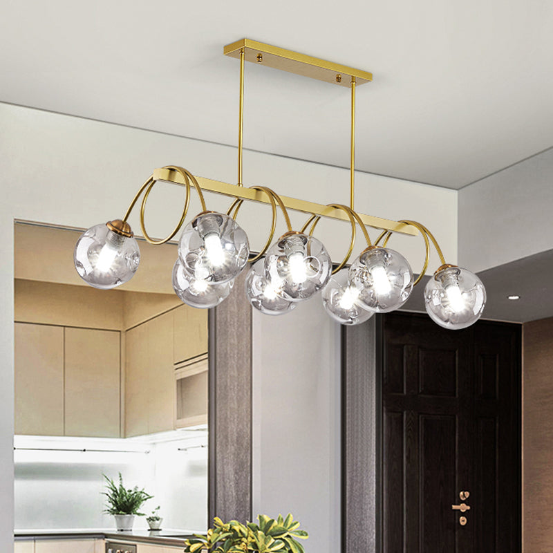 Gold Finish Spiral Island Light Post-Modern Metal Ceiling Hang Lamp with Ball Dimpled Glass Shade 8 Gold Smoke Grey Clearhalo 'Ceiling Lights' 'Island Lights' Lighting' 2468066