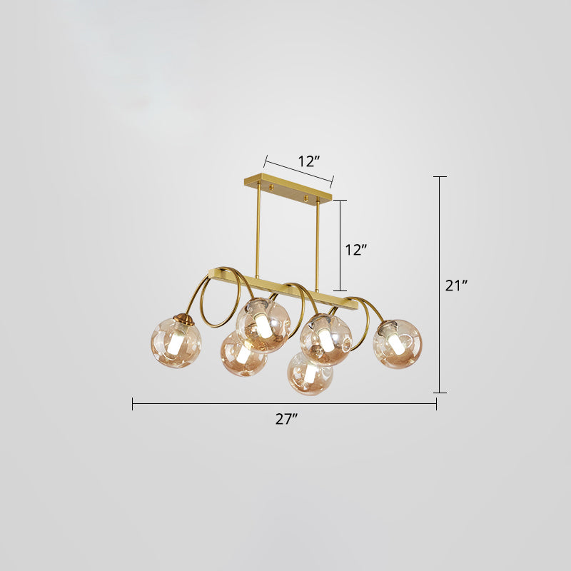 Gold Finish Spiral Island Light Post-Modern Metal Ceiling Hang Lamp with Ball Dimpled Glass Shade Clearhalo 'Ceiling Lights' 'Island Lights' Lighting' 2468070