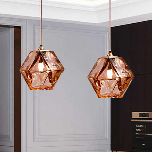 Diamond Suspension Pendant Lamp Modern Textured White/Amber/Smoke Glass Dining Room Led Hanging Light Fixture Amber Clearhalo 'Ceiling Lights' 'Glass shade' 'Glass' 'Modern Pendants' 'Modern' 'Pendant Lights' 'Pendants' Lighting' 246811