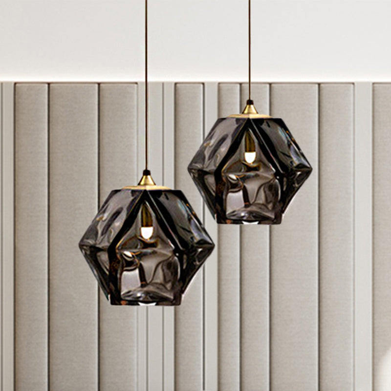 Diamond Suspension Pendant Lamp Modern Textured White/Amber/Smoke Glass Dining Room Led Hanging Light Fixture Smoke Gray Clearhalo 'Ceiling Lights' 'Glass shade' 'Glass' 'Modern Pendants' 'Modern' 'Pendant Lights' 'Pendants' Lighting' 246813