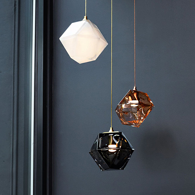 Diamond Suspension Pendant Lamp Modern Textured White/Amber/Smoke Glass Dining Room Led Hanging Light Fixture Clearhalo 'Ceiling Lights' 'Glass shade' 'Glass' 'Modern Pendants' 'Modern' 'Pendant Lights' 'Pendants' Lighting' 246816