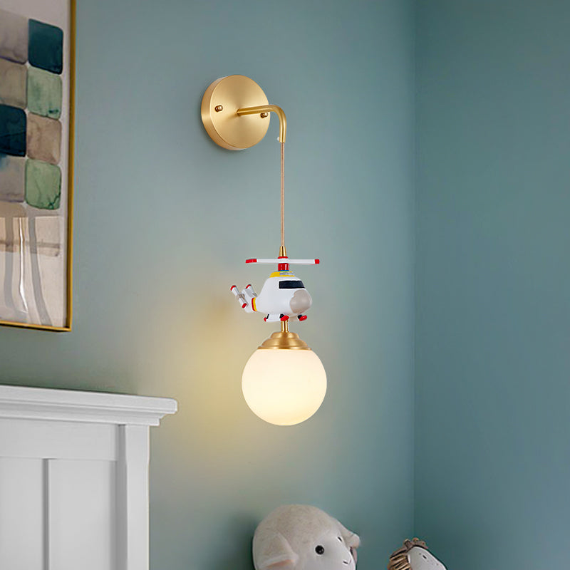 Milk Glass Ball Wall Hanging Light Postmodern 1-Bulb Gold Wall Lamp with Helicopter Deco White Clearhalo 'Wall Lamps & Sconces' 'Wall Lights' Lighting' 2468217