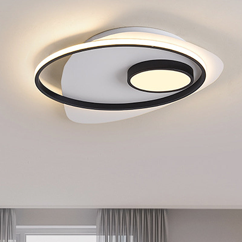 Acrylic Oval Flush Mount Lighting Modernist Led 18"/21.5"/27" Wide Black and White Flush Ceiling Lamp Fixture in White/Warm Light Black-White Warm Clearhalo 'Ceiling Lights' 'Close To Ceiling Lights' 'Close to ceiling' 'Flush mount' Lighting' 246822