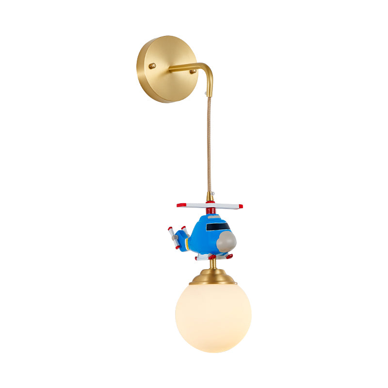 Milk Glass Ball Wall Hanging Light Postmodern 1-Bulb Gold Wall Lamp with Helicopter Deco Clearhalo 'Wall Lamps & Sconces' 'Wall Lights' Lighting' 2468220