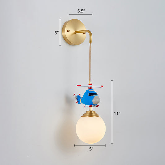 Milk Glass Ball Wall Hanging Light Postmodern 1-Bulb Gold Wall Lamp with Helicopter Deco Clearhalo 'Wall Lamps & Sconces' 'Wall Lights' Lighting' 2468221